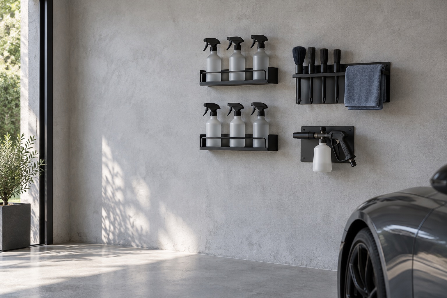 Concept visualization of black wall-mounted holders organizing bottles, brushes, a towel and wash tools in a bright gray garage